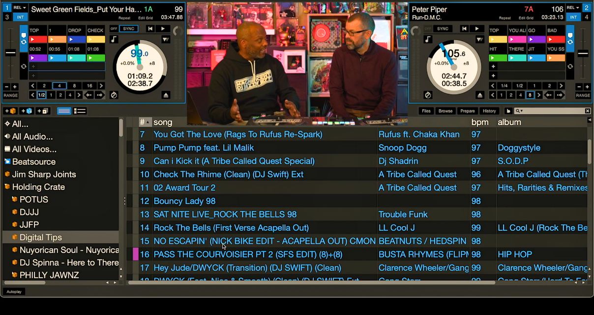 A small framed area at the top centre area shows DJ Jazzy Jeff and Phil Morse in conversation inside Jeff's studio. The rest of the photo is a screen recording of Jeff's Serato DJ Library, showing tracks by A Tribe Called Quest and Snoop Dogg on the software decks. On the left side, you can see visible folders including 'Holding Crate', 'POTUS', 'DJJJ', 'JJFP', 'Digital Tips', and various event-based crates.