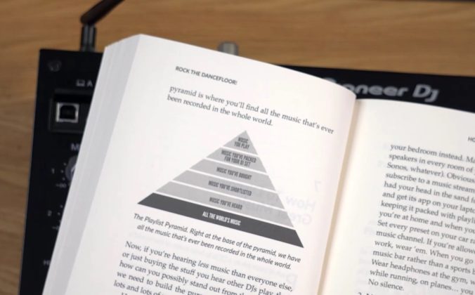 A book lies open, showing a "Playlist Pyramid" graphic on the page. The book is set on a Pioneer DJ controller and a light wooden desk in a well-lit room. The Playlist Pyramid, starting from the bottom, reads "All The World's Music", "Music You've Heard", "Music You've Bought", "Music You've Packed For Your DJ Set", and "Music You Play".
