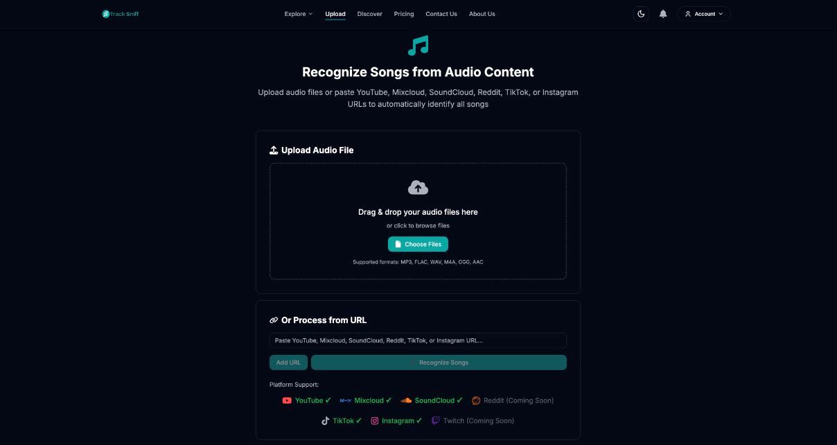 TrackSniff web page showing the "Recognize Songs from Audio Content" feature.