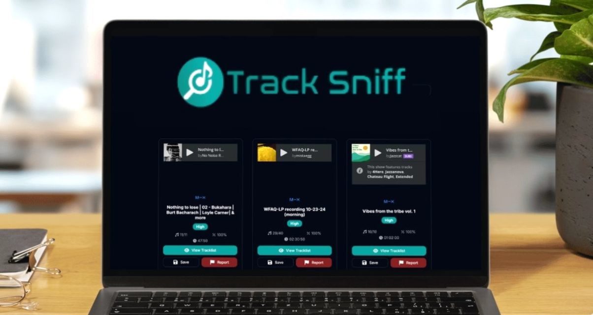 TrackSniff displayed on a laptop screen in a well-lit room.