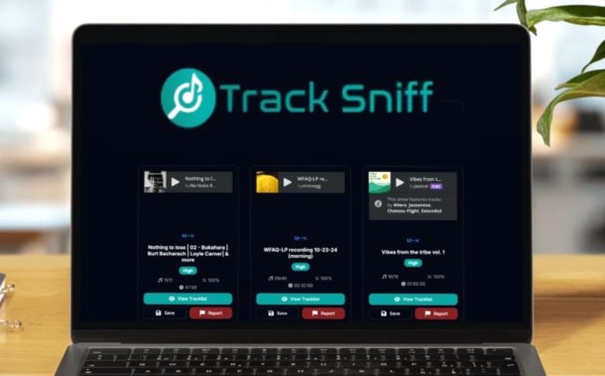 TrackSniff displayed on a laptop screen in a well-lit room.