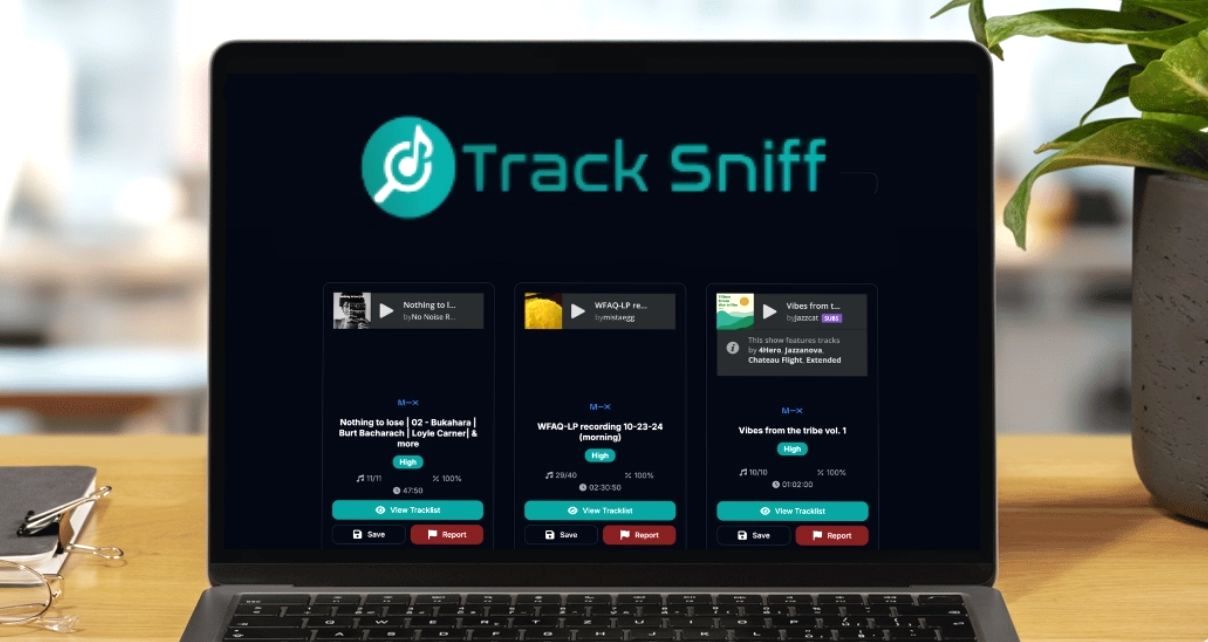 TrackSniff displayed on a laptop screen in a well-lit room.
