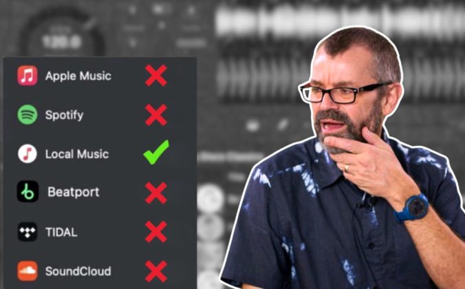 Phil Morse standing next to and looking at a graphic showing streaming service logos including Apple Music, Spotify, Beatport, Tidal, and SoundCloud each marked with a red X, while Local Music is marked with a green tick. He's holding his hand to his chin with a confused expression.