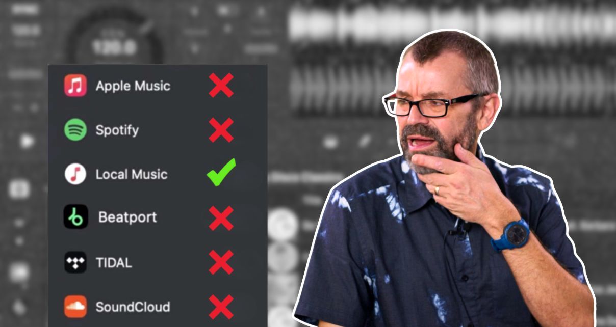 Phil Morse standing next to and looking at a graphic showing streaming service logos including Apple Music, Spotify, Beatport, Tidal, and SoundCloud each marked with a red X, while Local Music is marked with a green tick. He's holding his hand to his chin with a confused expression.
