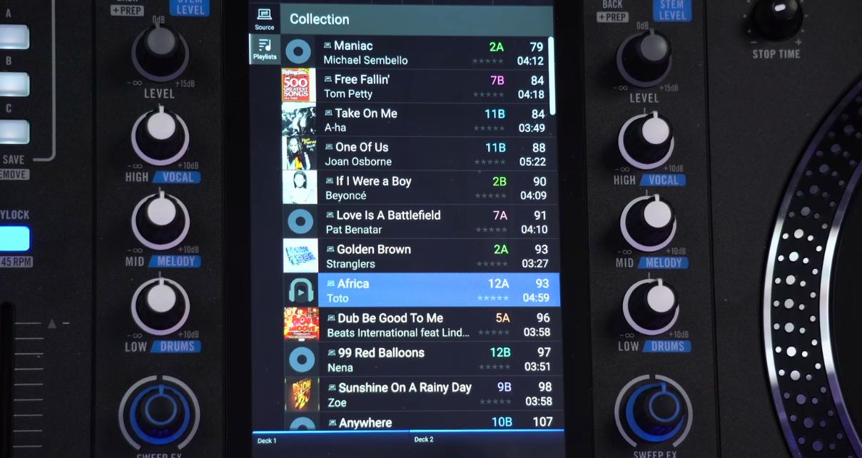 A music collection displayed on a Rane System One screen, showing track titles, keys, and BPMs including songs by Michael Sembello, Tom Petty, A-ha, Beyoncé, and Toto. 