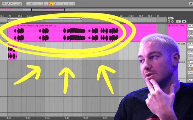 James Hype pictured beside an Ableton Live session showing a vocal sample loop highlighted in pink, demonstrating how to identify and work with a hook in a club track. There's a yellow oval circling the sample and three arrows pointing to it. James has two fingers on his chin, looking towards the sample with a thoughtful expression.