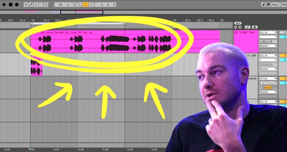 James Hype pictured beside an Ableton Live session showing a vocal sample loop highlighted in pink, demonstrating how to identify and work with a hook in a club track. There's a yellow oval circling the sample and three arrows pointing to it. James has two fingers on his chin, looking towards the sample with a thoughtful expression.