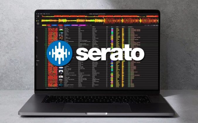 Lexicon DJ library management software on a MacBook laptop with the Serato logo overlaid, highlighting the new Serato 4.0 database support in version 1.10. The laptop is sitting against the wall in a grey, concrete-like room.