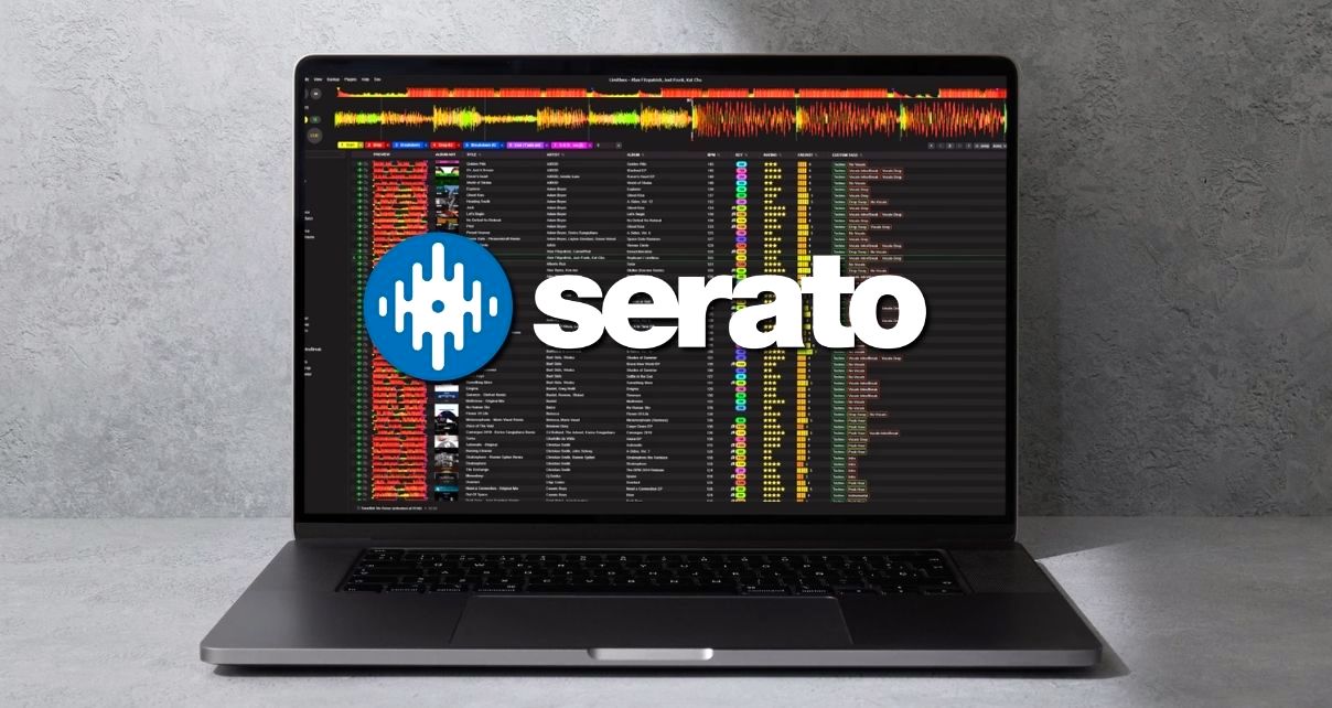 Lexicon DJ library management software on a MacBook laptop with the Serato logo overlaid, highlighting the new Serato 4.0 database support in version 1.10. The laptop is sitting against the wall in a grey, concrete-like room.