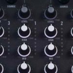 Cut, Don't Boost: The EQ Rule Every Beginner DJ Needs Close-up of a DJ mixer showing four channel level/gain controls at the top, with high, mid and low EQ knobs below on each channel.
