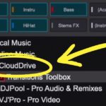 VirtualDJ sidebar showing CloudDrive listed beneath Local Music and Online Music, with a yellow arrow and circle highlighting it.
