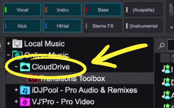 VirtualDJ sidebar showing CloudDrive listed beneath Local Music and Online Music, with a yellow arrow and circle highlighting it.