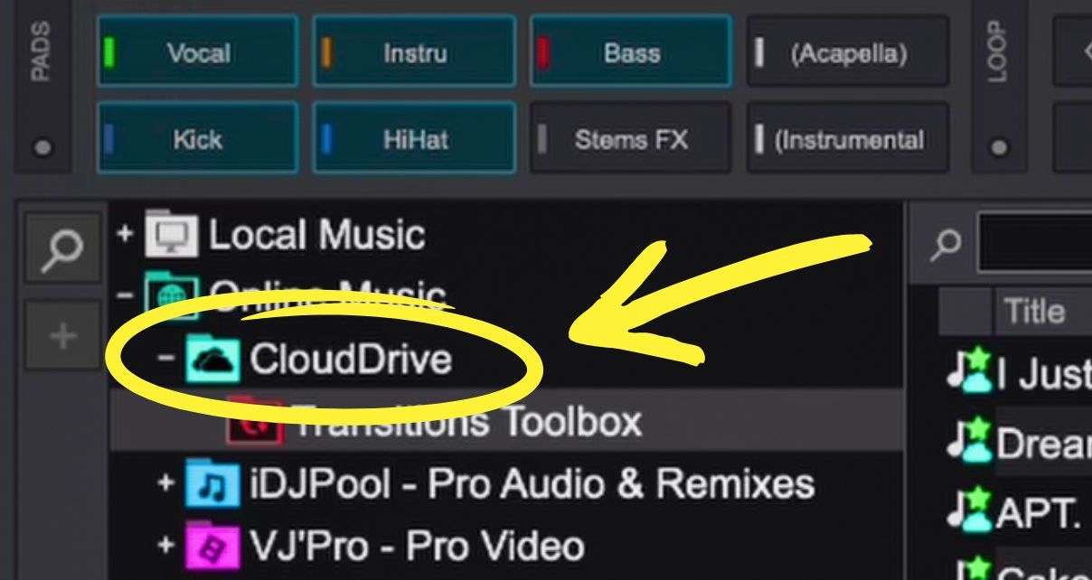 VirtualDJ sidebar showing CloudDrive listed beneath Local Music and Online Music, with a yellow arrow and circle highlighting it.