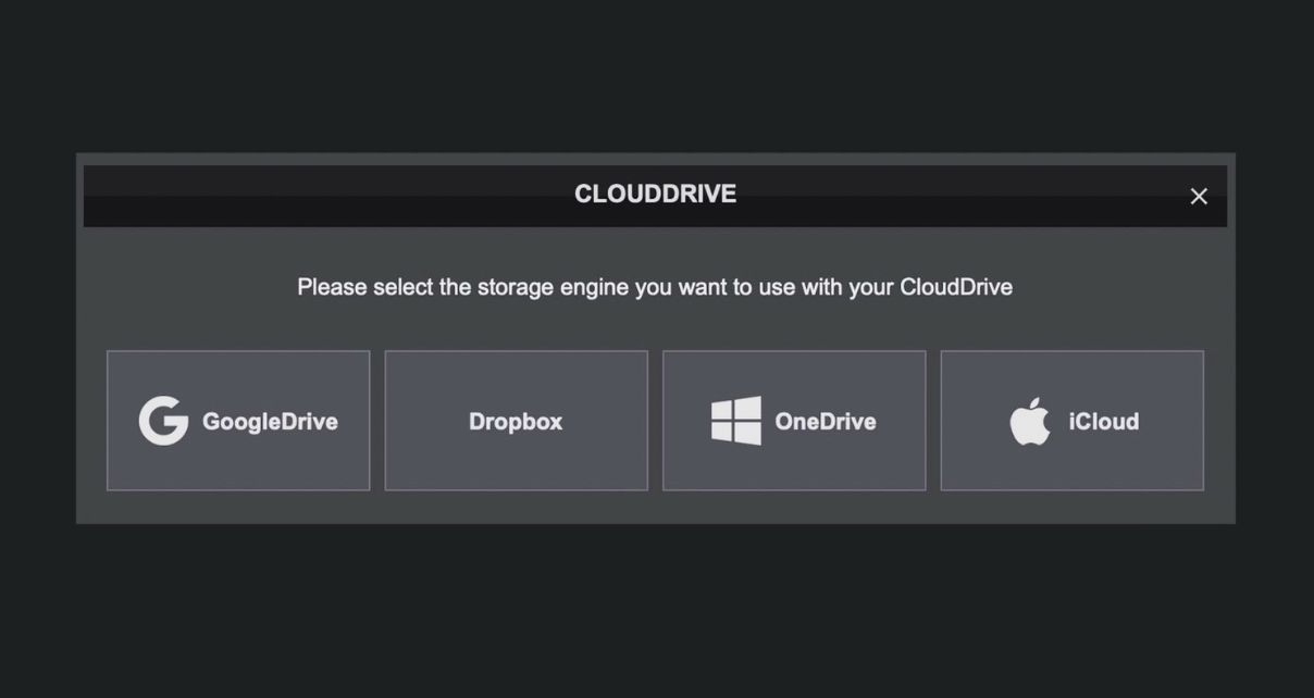 VirtualDJ CloudDrive setup screen showing four storage options: GoogleDrive, Dropbox, OneDrive, and iCloud.