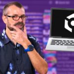 Phil Morse stands with hand on chin, looking thoughtful, with yellow question marks beside him. A laptop displaying the Rekordbox cloud sync icon sits to his right, against a blurred purple Rekordbox library background.