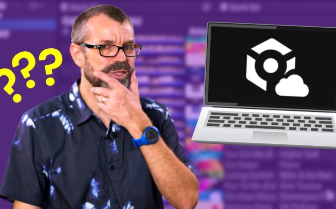 Phil Morse stands with hand on chin, looking thoughtful, with yellow question marks beside him. A laptop displaying the Rekordbox cloud sync icon sits to his right, against a blurred purple Rekordbox library background.