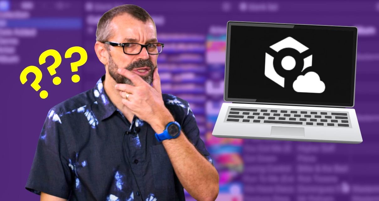 Phil Morse stands with hand on chin, looking thoughtful, with yellow question marks beside him. A laptop displaying the Rekordbox cloud sync icon sits to his right, against a blurred purple Rekordbox library background.