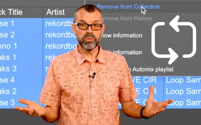 Phil Morse stands in front of a large screen showing a Rekordbox library with drum loop samples selected, with a right-click context menu open showing "Remove from Collection" highlighted. A circular arrow icon to his right suggests the loops keep returning. Phil is wearing a salmon pink short-sleeved shirt with a small repeating pattern, and has his hands raised with palms up in a "what can you do?" gesture.
