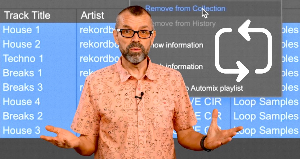 Phil Morse stands in front of a large screen showing a Rekordbox library with drum loop samples selected, with a right-click context menu open showing "Remove from Collection" highlighted. A circular arrow icon to his right suggests the loops keep returning. Phil is wearing a salmon pink short-sleeved shirt with a small repeating pattern, and has his hands raised with palms up in a "what can you do?" gesture.