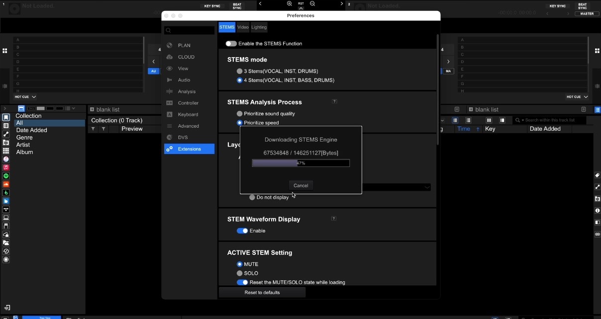 Screenshot of Rekordbox Preferences showing the Extensions tab, with the Stems section open and a "Downloading STEMS Engine" progress bar at 47%. The stems engine is being installed, which is the required step before the drum loop audio setting becomes available.