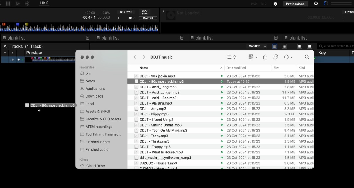 Rekordbox open alongside a Mac Finder window showing a music folder, with a renamed MP3 file being dragged back into the library. 
