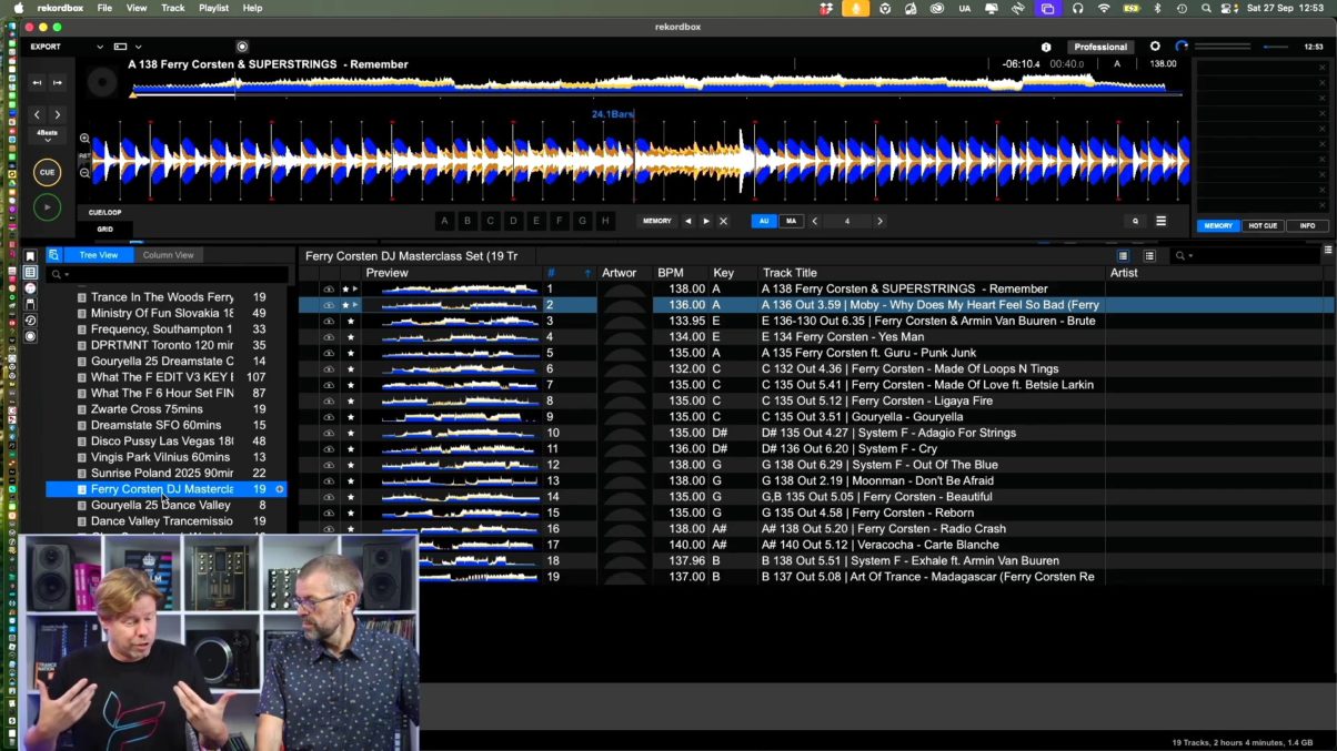 Ferry Corsten's 19-track inspiration mix open in Rekordbox DJ software, showing track titles, BPM values ranging from 133 to 140, and keys, with Phil Morse and Ferry Corsten visible in the bottom left corner. 