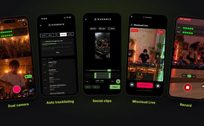 Five phone screens showing the updated Evermix Pro app: dual camera, auto tracklisting, social clips, Mixcloud Live and recording.