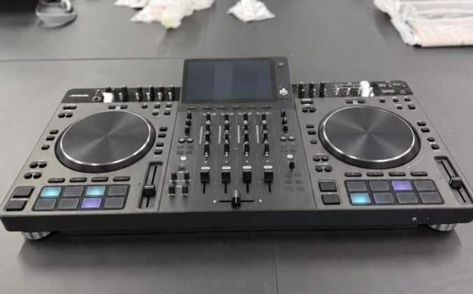 Mock-up of the Klark Teknik Anima standalone DJ system with jogs, pads and touchscreen fitted
